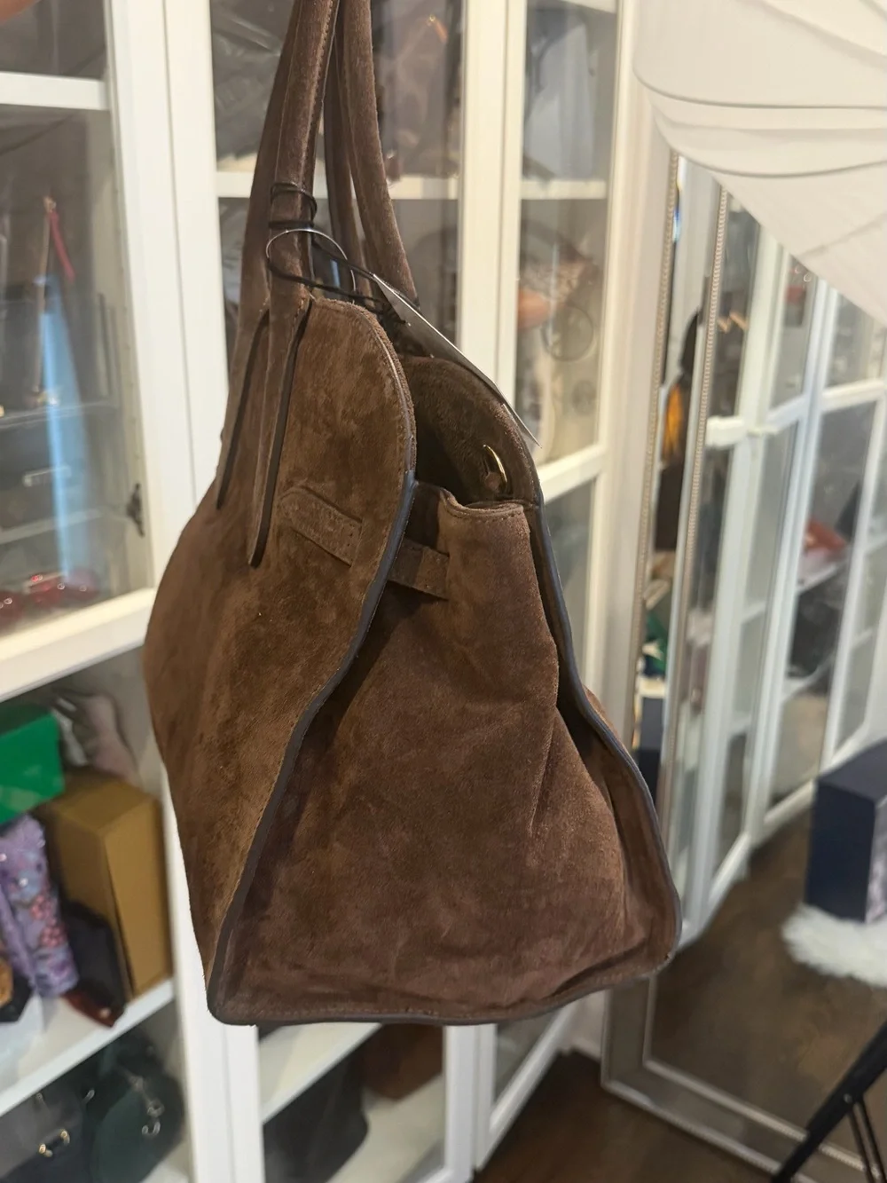 Suede Satchel Handbag in Dark Brown with Gold-Tone Hardware